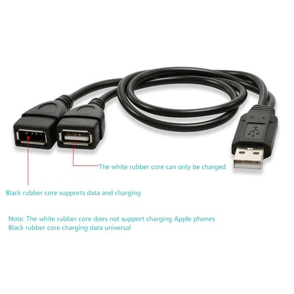 USB-kabeldeler Telefonlader Strømadapterkabel 2 porter 1 M Black