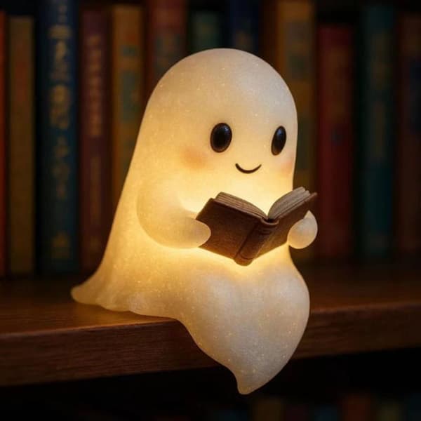 Halloween festdekorationer og lille spøgelse, der læser en bog A1