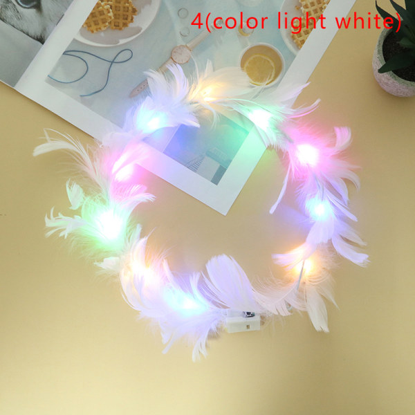 LED Feather Wreath Crown Light-Up Luminous Hodeplagg for jenter 4(color light white)