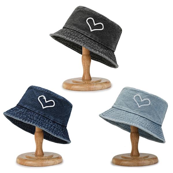 Washed Denim Bucket Hat Love Brodery Fisherman Hat Unisex Ou Black