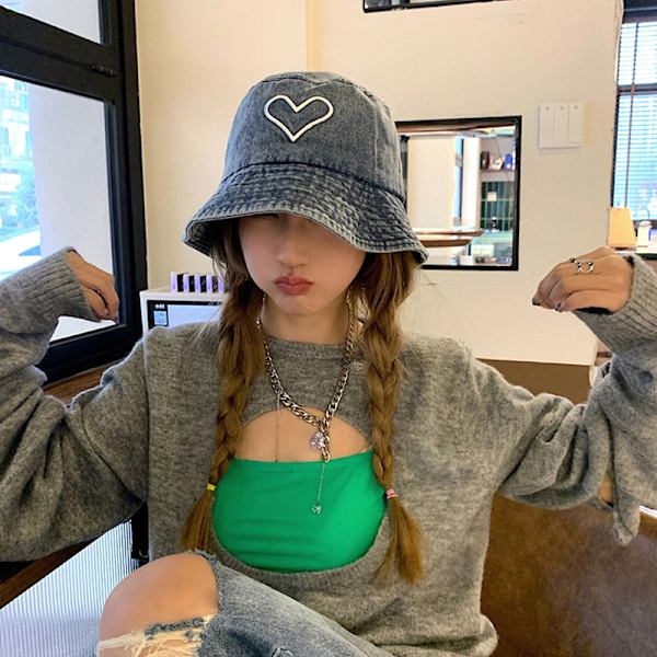 Washed Denim Bucket Hat Love Brodery Fisherman Hat Unisex Ou Black