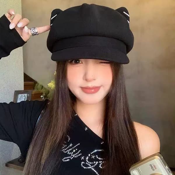 e Style Katteøre Baret Efterår/Vinter Duckbill Ottekantet Hat Black