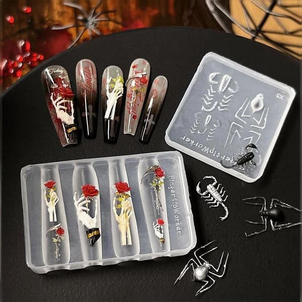 Rosblomma Skalle Silikon Nagelkonstformar DIY Skeletthand Nagel A2