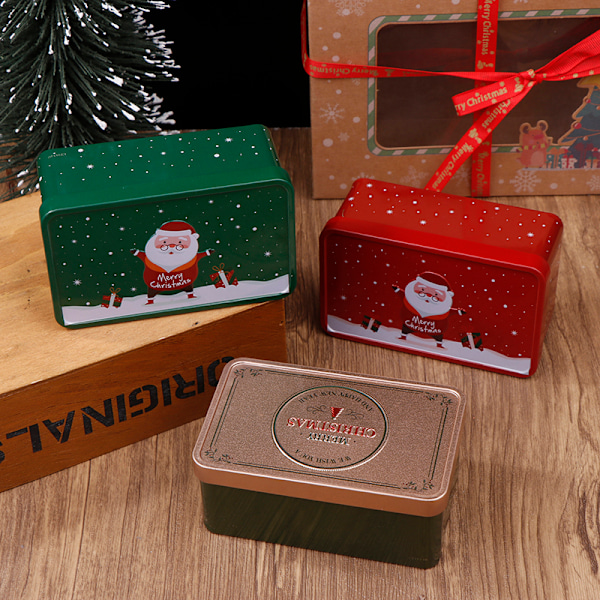 Rektangulær Juleboks i Tinnplate - Tom Kake- eller Godteriboks med Julenissen C
