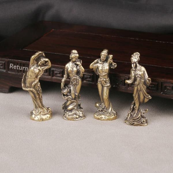 1/4 stk håndlaget solid messing fire gamle skjønnheter statue De A5