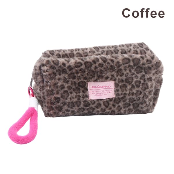 Leopardmönstrad Plysch Kosmetikpåse Bärbar Rese Necessär Coffee