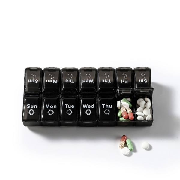 7 dager ukentlig pille etui 14grids medisin tablett dispenser organ White+Black