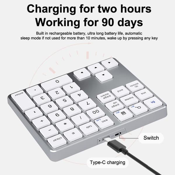 Trådlöst 2.4G Bluetooth Digitalt Tangentbord Uppladdningsbart Tyst 35 K Gray