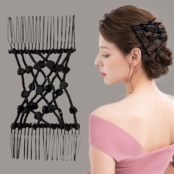 Slide Elastic Double Beads Easy Stretchy Magic Hair Comb Black