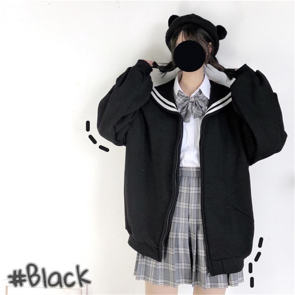 Kawaii Black Zip Up Hoodie Dame Sømandskrave Sweatshirt Black XL
