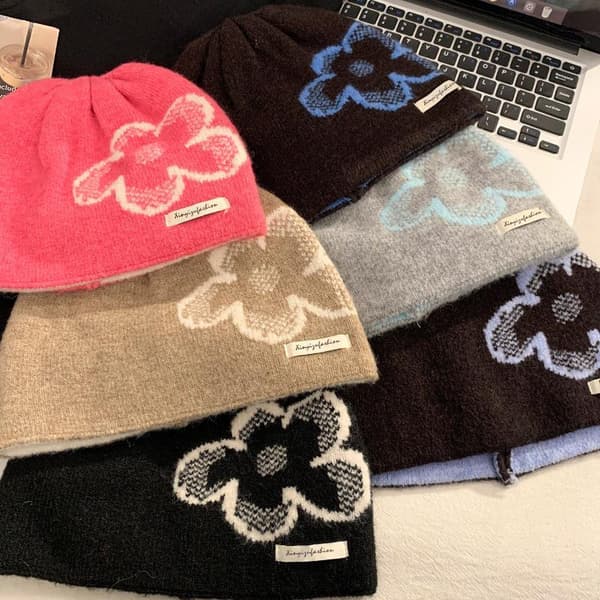 Damstickad mössa Blå blommig mönster Mjukt fleecefoder Pe A8