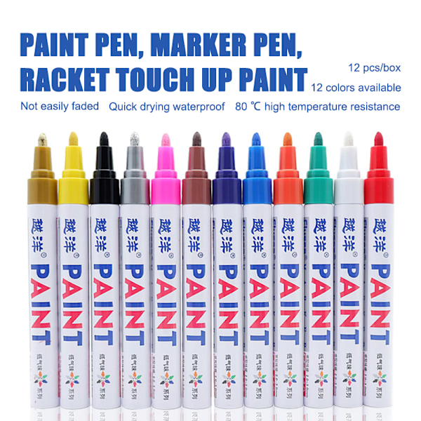 12 Färg Vit Vattentät gummi Permanent Paint Marker Pen Bil A