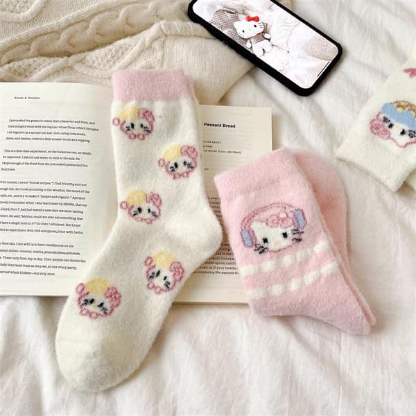 1/4/6 par e Hello Kitty sokker varmere kvinder mellemlange sokker pige A2