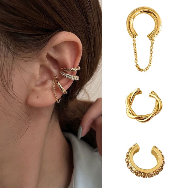 3 Stk Uregelmessig kors Zircon Ear Clip Øredobb For kvinner Ingen Pierc Gold