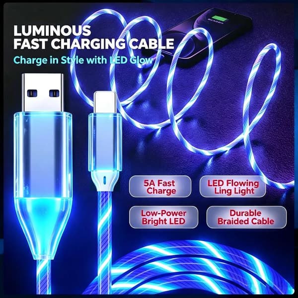 LED-flödande ljus USB-snabbladdningskabel med cool glödeffekt för A16