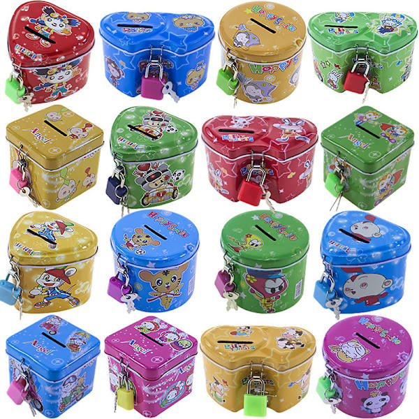 e Cartoon Square Tin Metal Piggy Bank Sparing Kontanter Mynt Penger Bo Double heart