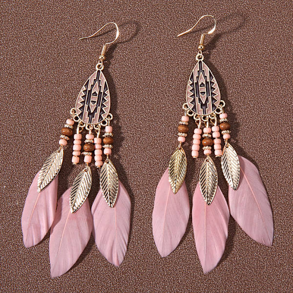 Summer Bohemian Long Feather Dangle Örhängen För Kvinnor Beach Ta pink