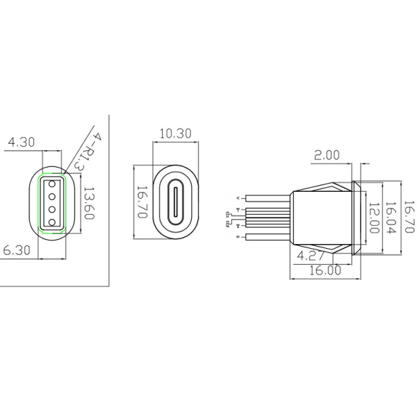 6-stifts presstyp USB kontakt Typ-C Vattentät med PH 2.0 Fe Black WithoutPH2.0