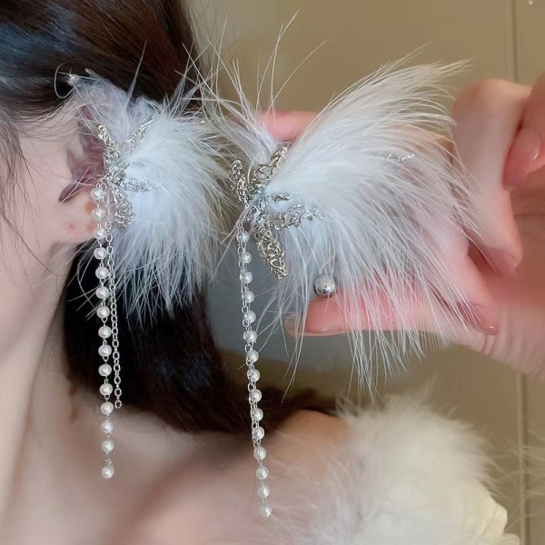 Uusi Bohemian Asymmetrical White Feather Tupsu Crystal Long Ear 4