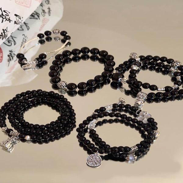 Ny stil Vintage Good Lucky Opal Multi-layer Black Beads Brac 1