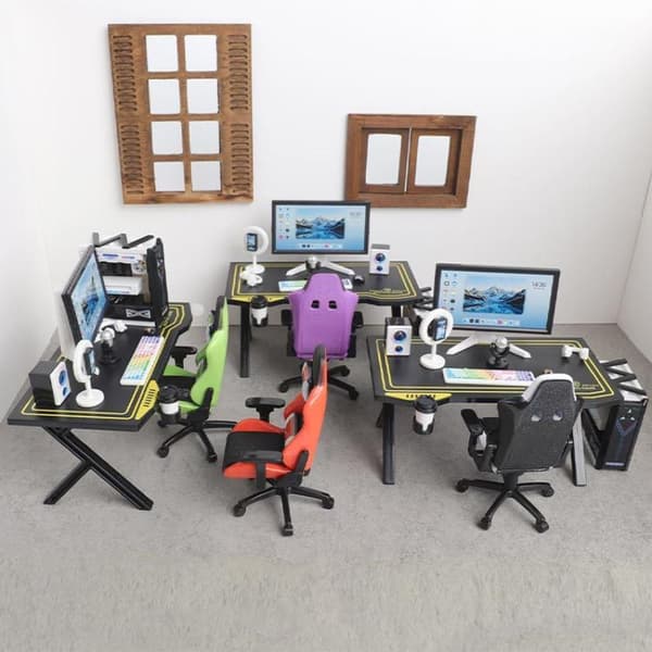Mini Gaming Skrivbordsstol Set 1/12 Dockhus Datorbord Skärm Purple
