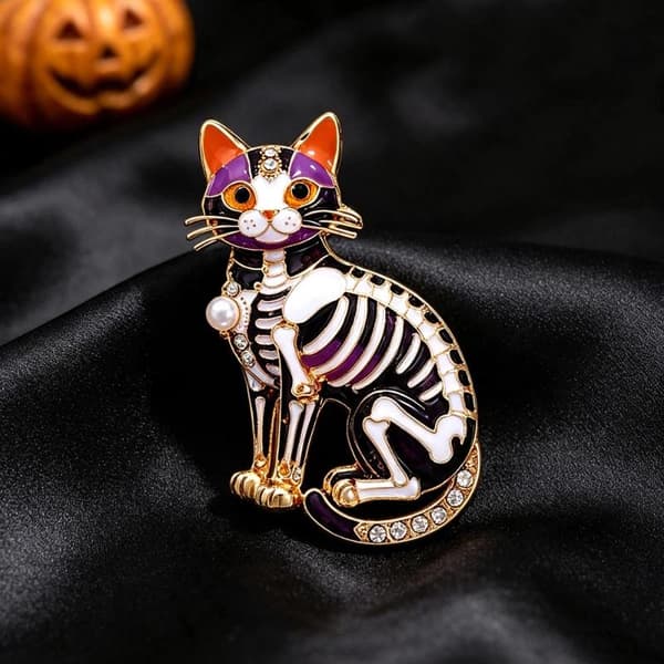 Barock Halloween Skelett Katt Droppande Olja Brosch Djurtema A1