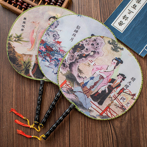 Rund Hand Fan Style Vintage Print Silk Fan Bröllopsdans A
