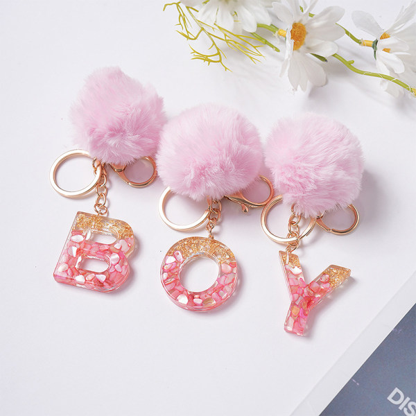 e Avaimenperä Vaaleanpunainen Pompom Ball 26 Letter Keychain Resin Avaimenperät V