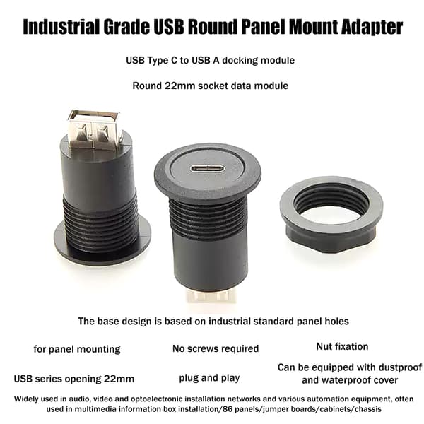 USB C naaras-USB A naarasliitin pyöreä uppoasennus