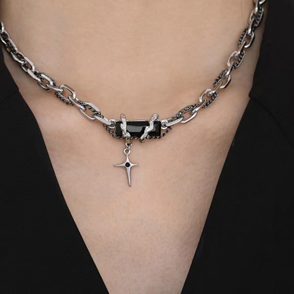 Punk Black Zircon Cross Star Anheng Halskjede for kvinner menn V