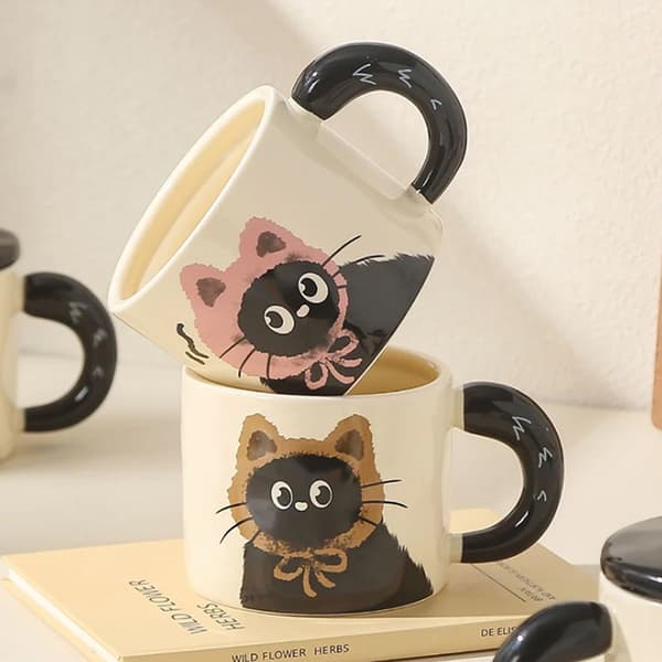 e Katt Keramisk Mugg Med Lock Kaffekopp Drickskopp Kontorspresent 004