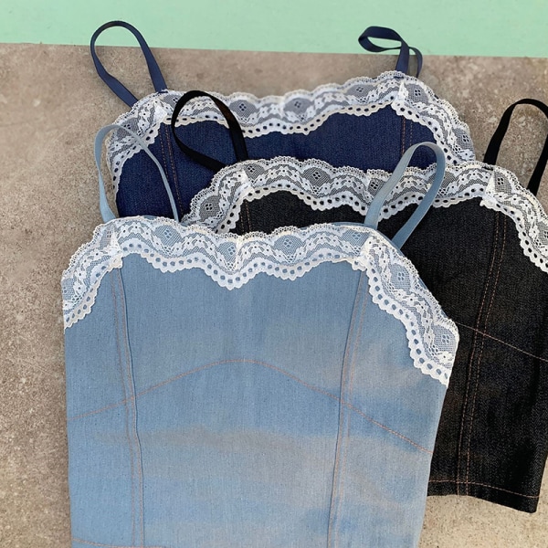 Ny Design Sense Splicing Spetskant Suspender Vintage Denim Ves Dark blue