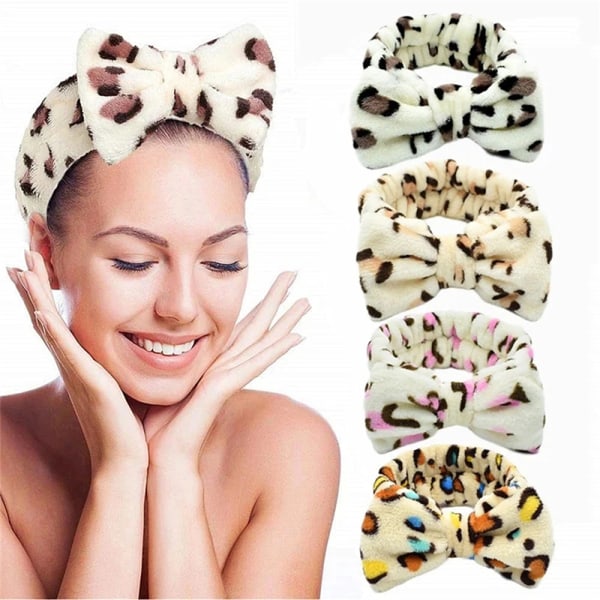 Vask ansikt pannebånd For kvinner Coral Fleece Sløyfe Pannebånd Leopard F