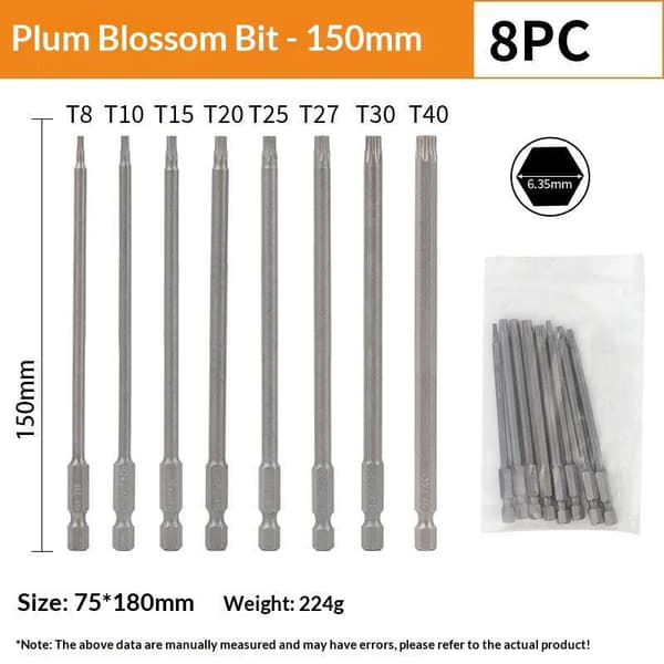 11 stk S2 Torx Bitssett Skaft Sekskant Vind Borehode Håndverktøy 100mm 8pcs