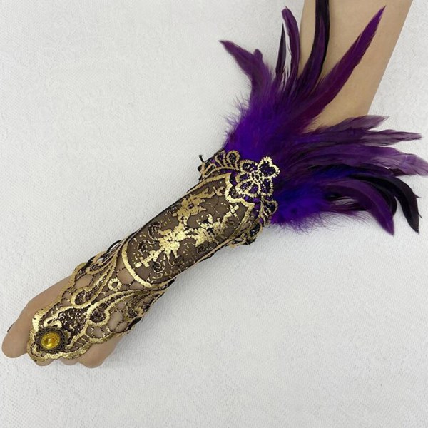Natural Feather Gold Lace Lange hansker Kvinner Party Sexy Fingerle Purple