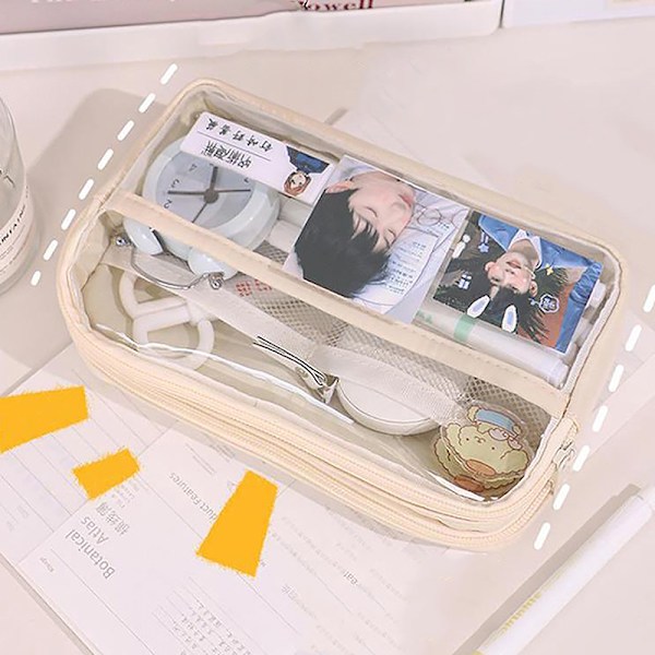 Läpinäkyvä kynälaukku, suuri kapasiteetti case , paperitavaralaatikko S Beige