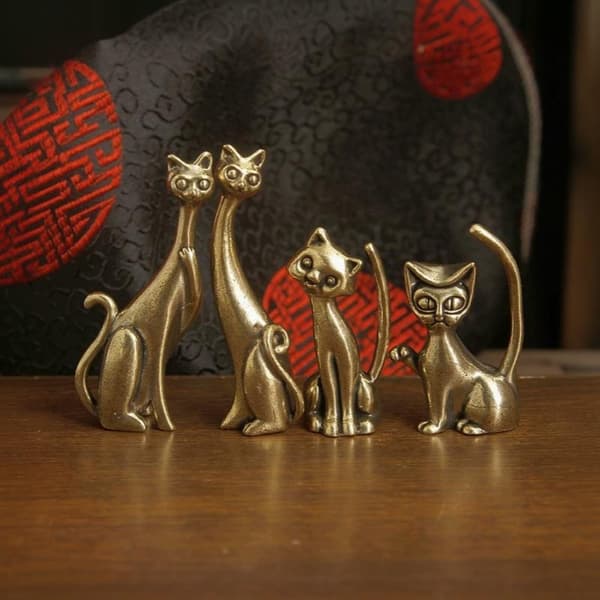 1 stk antikk messing kattfigur mini metall kattestatue retro dyr A1