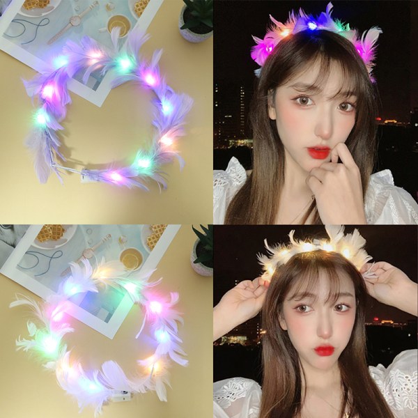 LED Feather Wreath Crown Light-Up Luminous Hodeplagg for jenter 2(blue)