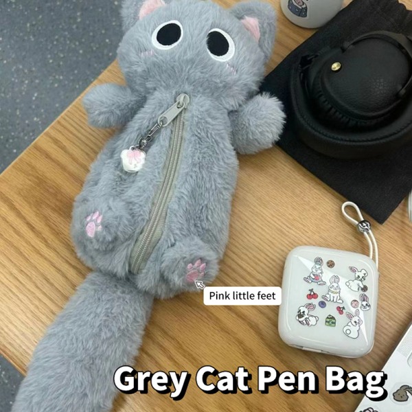 Grå plys Cat Pen Bag e Desktop Cartoon Paper Storage Bag Gray