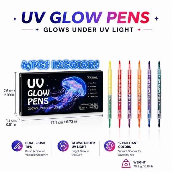 12/18 farver Dual Tip UV Glow Body Paint Marker Pen Vaskbar Fl A2