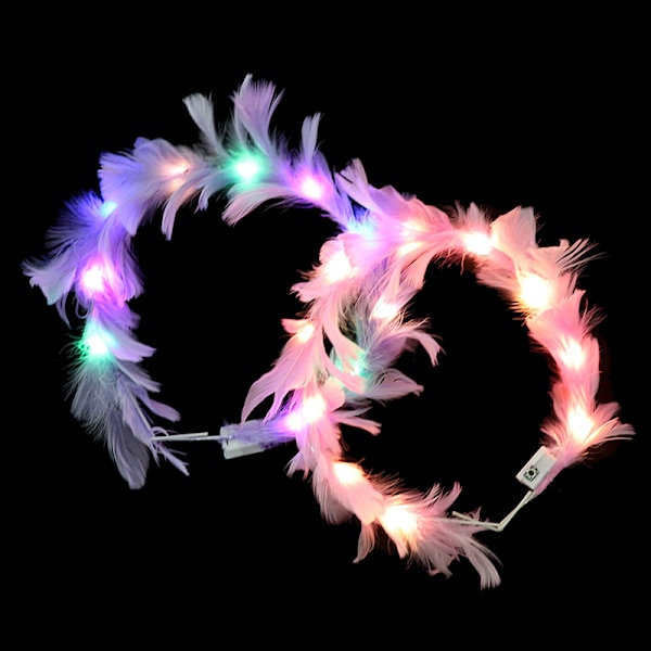LED Feather Wreath Crown Light-Up Luminous Hodeplagg for jenter 7(warm light white)