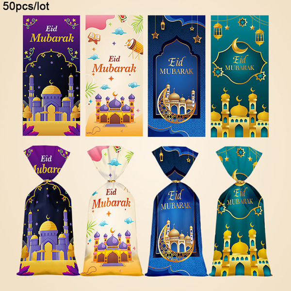 50 stk Eid Mubarak Gaveposer Plast Godteri Cookie Bag Ramadan