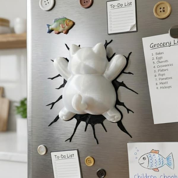 3D-print tegneseriekat, der støder ind i en væg køleskabsmagnet
