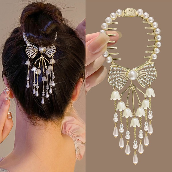 Elegant Flower Pearl tekojalokivi tupsu Pill Head Ponytail Buckl A5