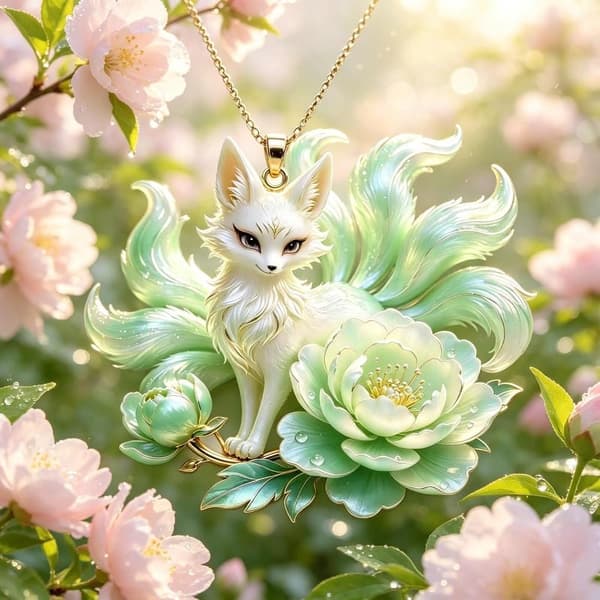 Halsband med niosvansad räv och pionblomma, smycke A1