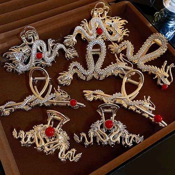 Stil Dragon Shape Hårklämma Mode Röd Bead Alloy Rhinestone A4
