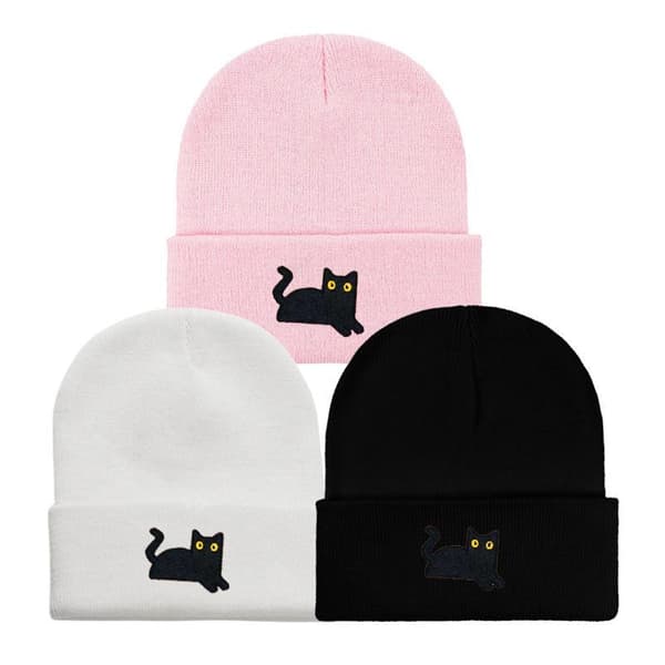 Elastiske og lette strikkeluer med brodert svart katt Gray