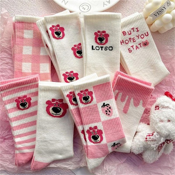 Tegneserie Pink Strawberry Bear Sokker Kvinder n Version Trendy Middl I