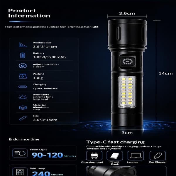 LED+COB-taskulamppu zoomattava pieni taskulamppu sivuvaloilla USB-ladattava A1
