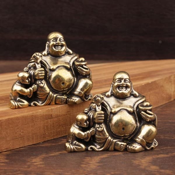 Antik Kobber Maitreya Buddha Statue Lille Skrivebords Messing Ornament 1PC